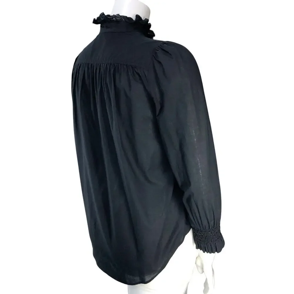 Tuckernuck Blouse Womens L Ruffle High Neck Puff Sleeve Smocked Cuff Black
